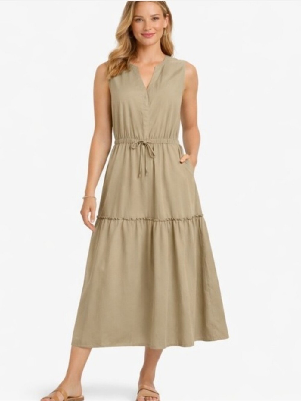 Lands' End Sleeveless V-Neck Tiered Maxi Dress in Beige/Tan Pockets Summer XL